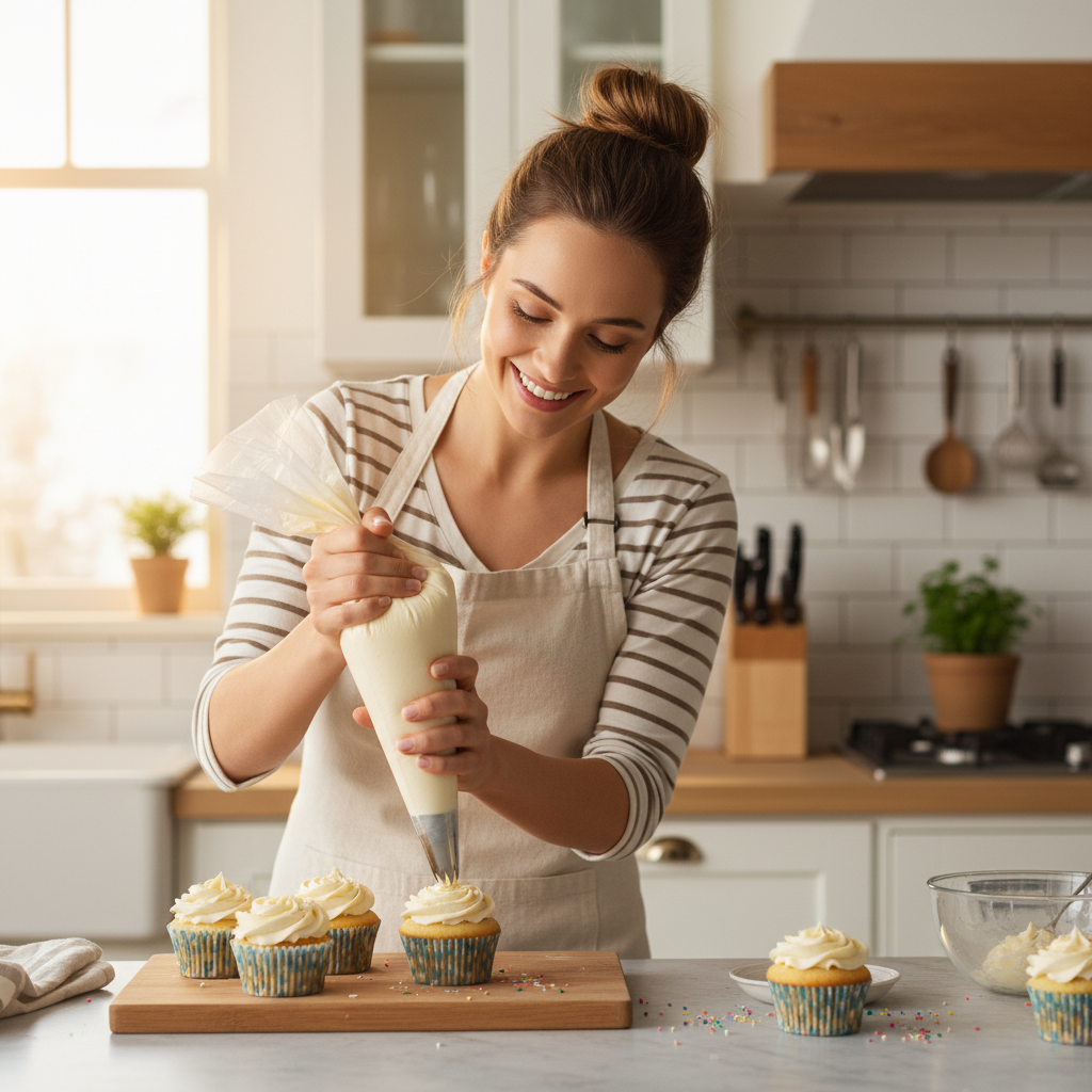Femme décore cupcake avec Douille patisserie professionnelle