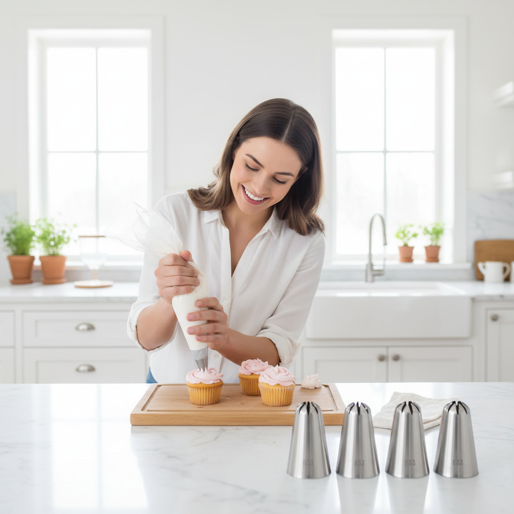 Femme décore cupcake avec Douille patisserie professionnelle