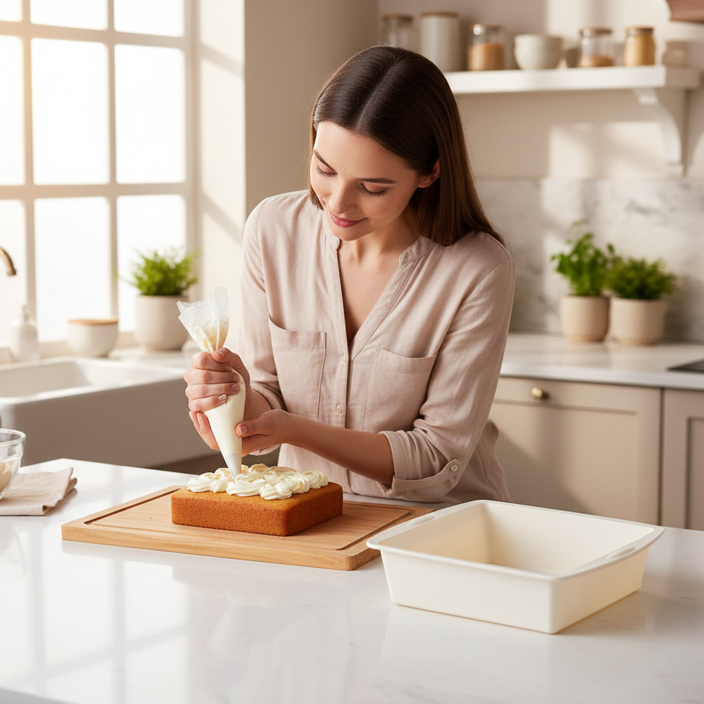 Femme décorant gâteau avec Moule en Silicone Carré dans cuisine