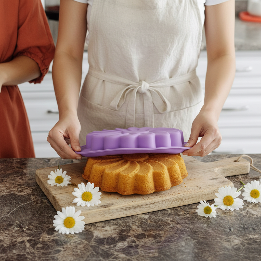 Femme démoulant gâteau marguerite avec Moule Fleur Silicone
