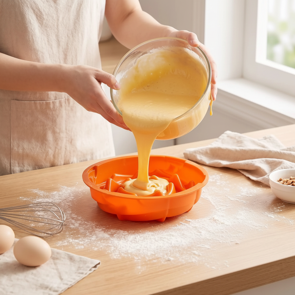 Femme versant pâte dans Moule Silicone Fleur