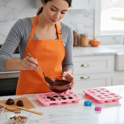 femme verse chocolat dans moules en silicone dans cuisine