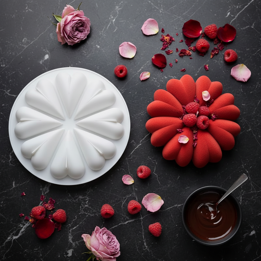Moule a entremet et entremet rouge sur table noir marbre