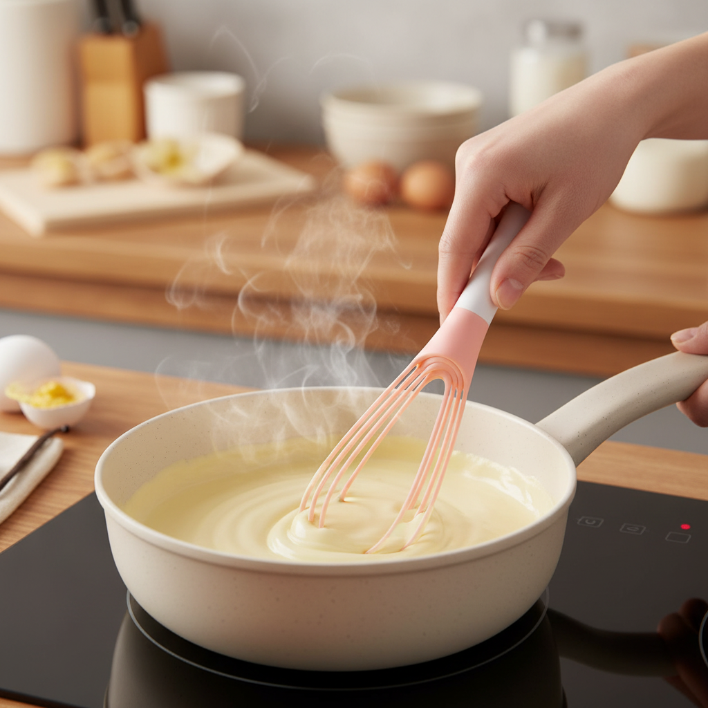 Réalisation crème pâtissière dans casserole chaude avec Fouet plat