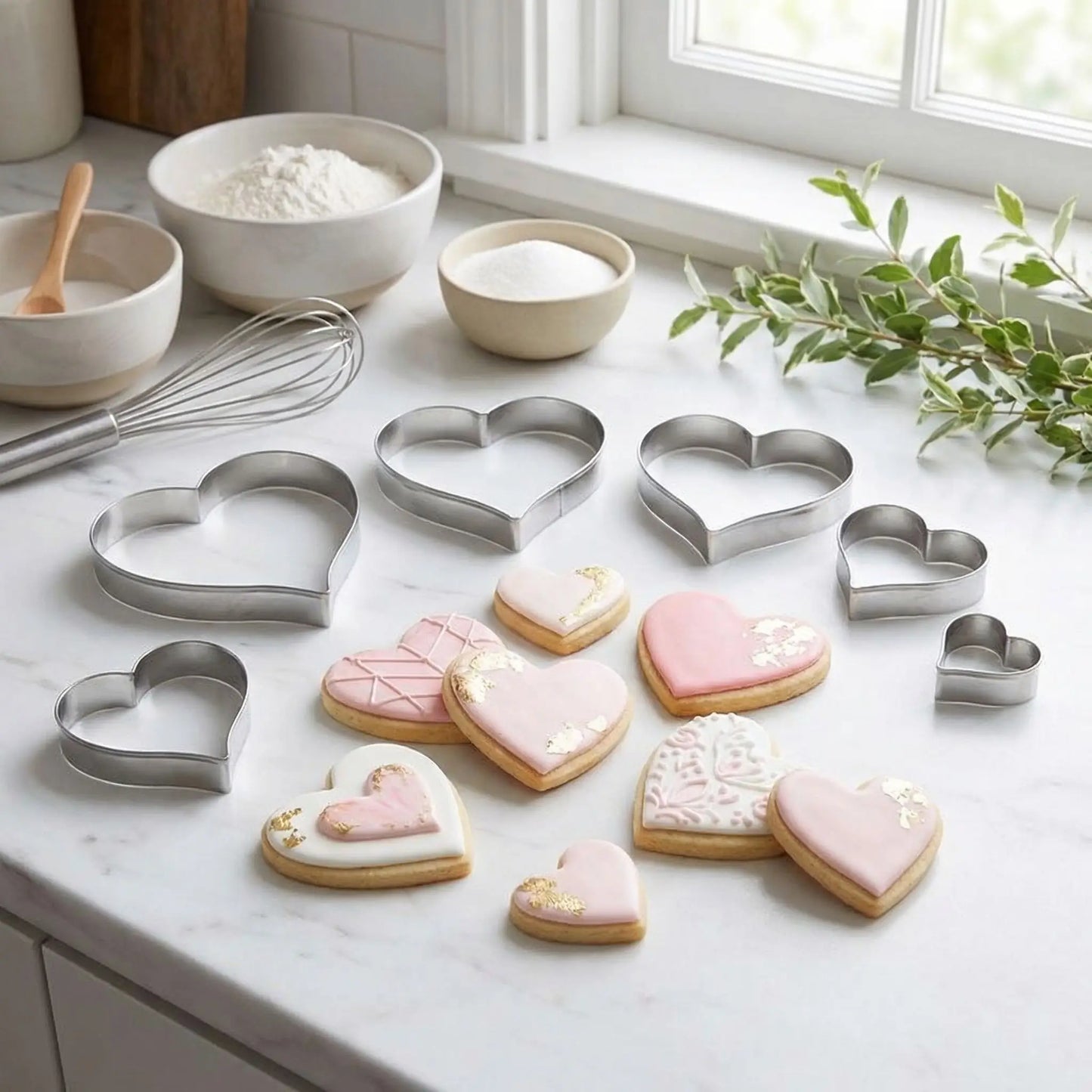 Emporte pièces cœur avec biscuit sur plan travail cuisine