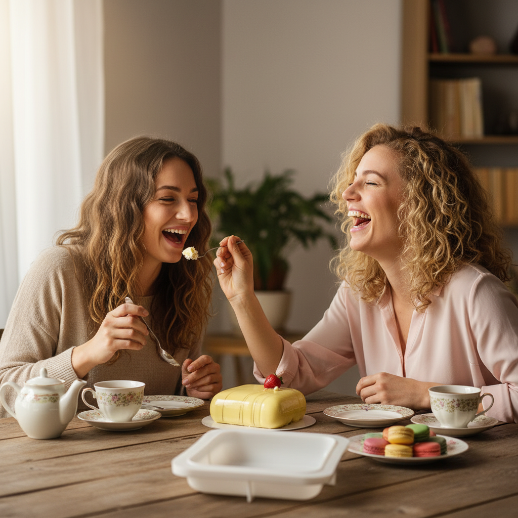 Femme mange gâteau avec Moule entremet silicone