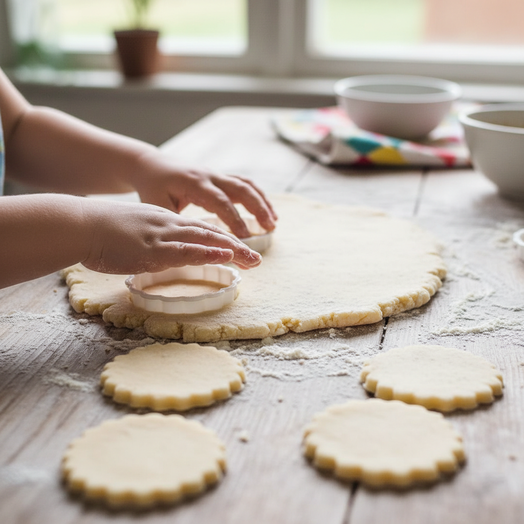 Emporte pieces ronds utilisés par un enfant sur pâte à biscuits