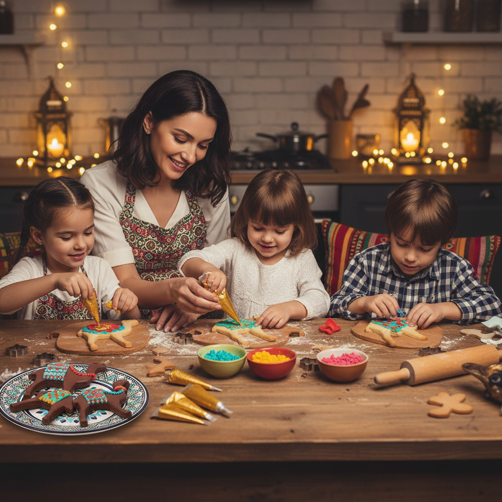 Famille décorant des biscuits chameaux avec emporte pièce professionnel