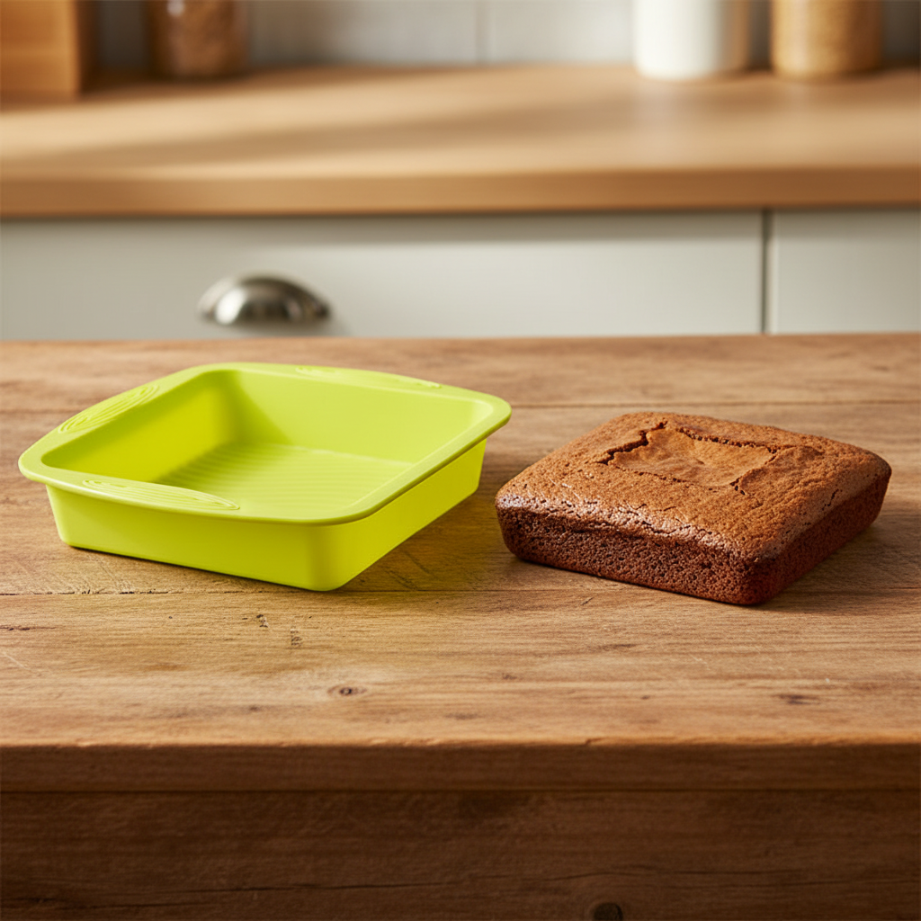Moule Silicone Carré vert avec brownie sur table bois