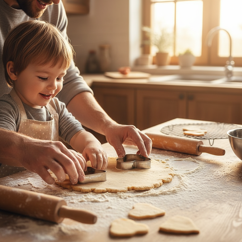 Père et enfant utilisent Emporte pièces cœur en cuisine