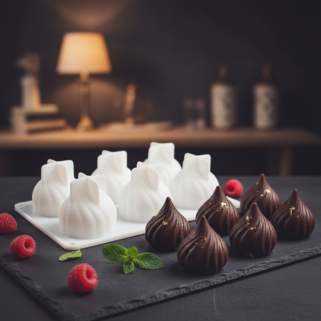 Moule 3D et gâteau forme goutte sur ardoise noir