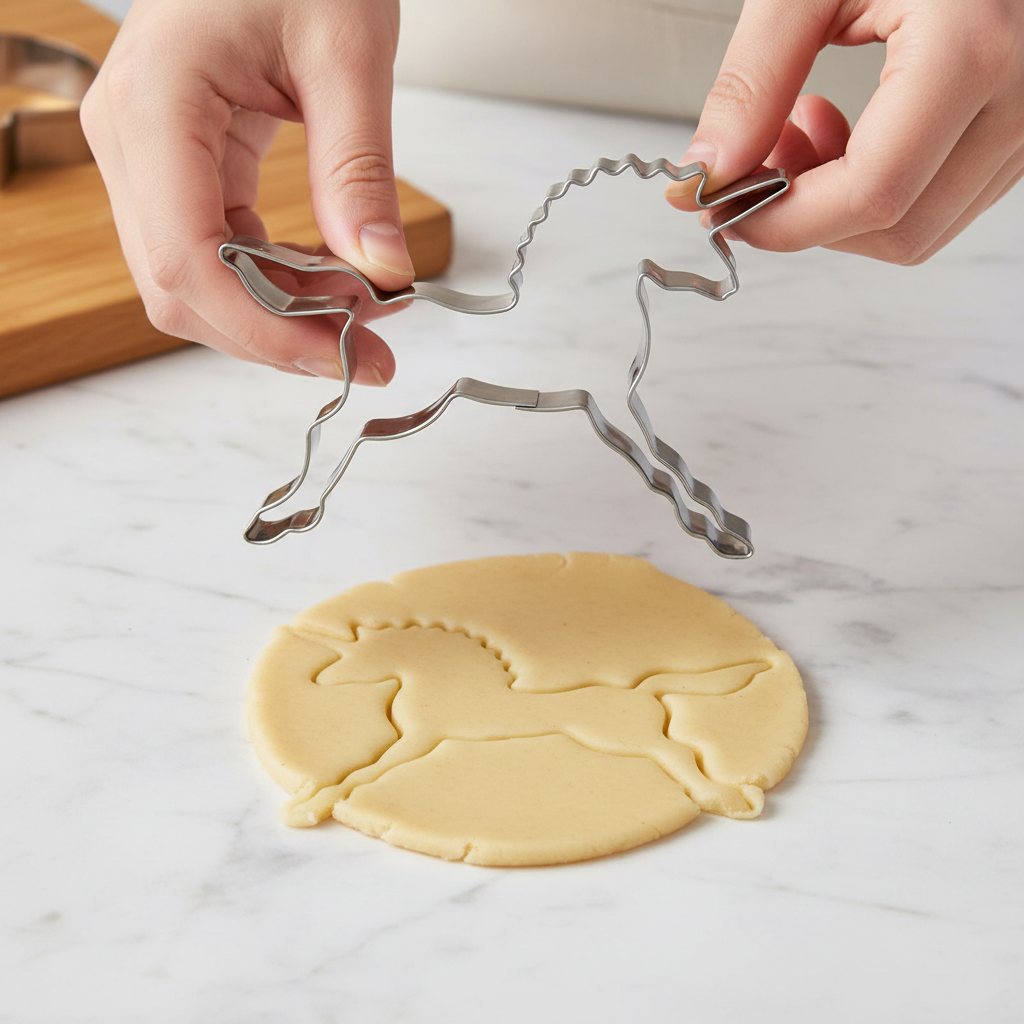 Emporte piece patisserie licorne tenu en main avec biscuit découpé