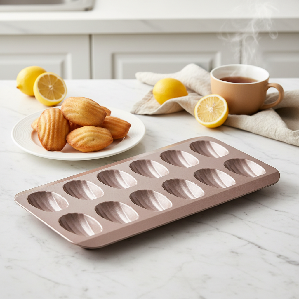 Moule madeleine inox avec madeleine dans assiette
