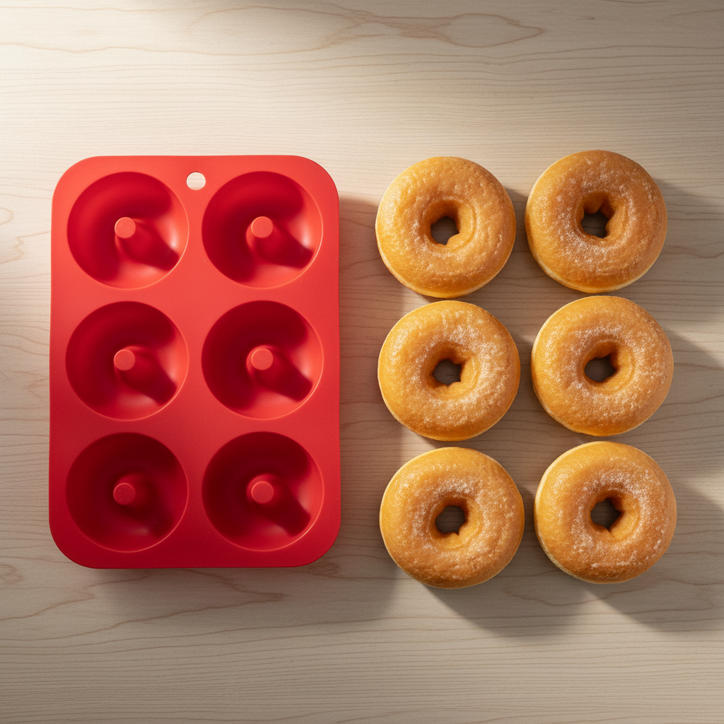 Moule Donuts et donuts sur table bois clairs