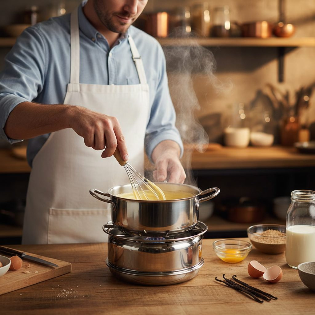 Pâtissier préparant crème anglaise au bain-marie avec Fouet à patisserie