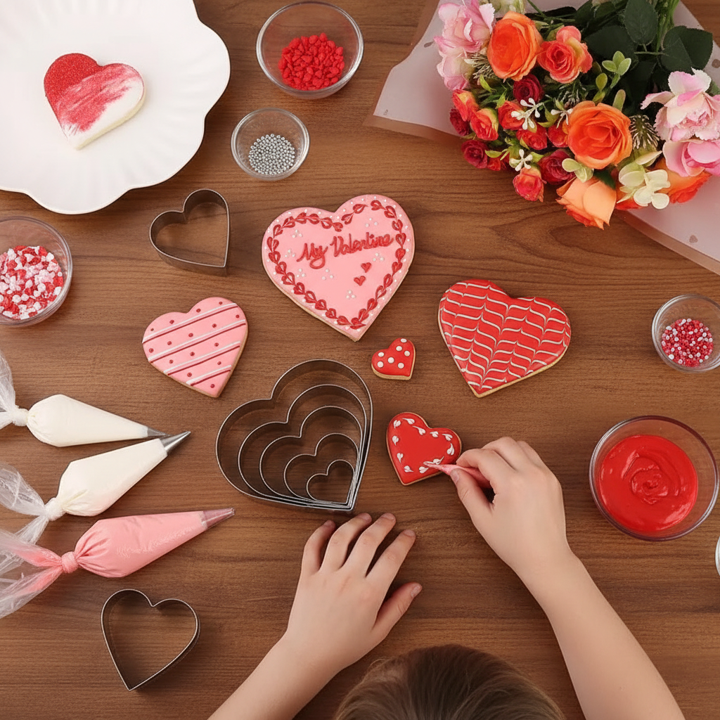 Parent enfant décorant biscuits avec Emporte Piece en Coeur