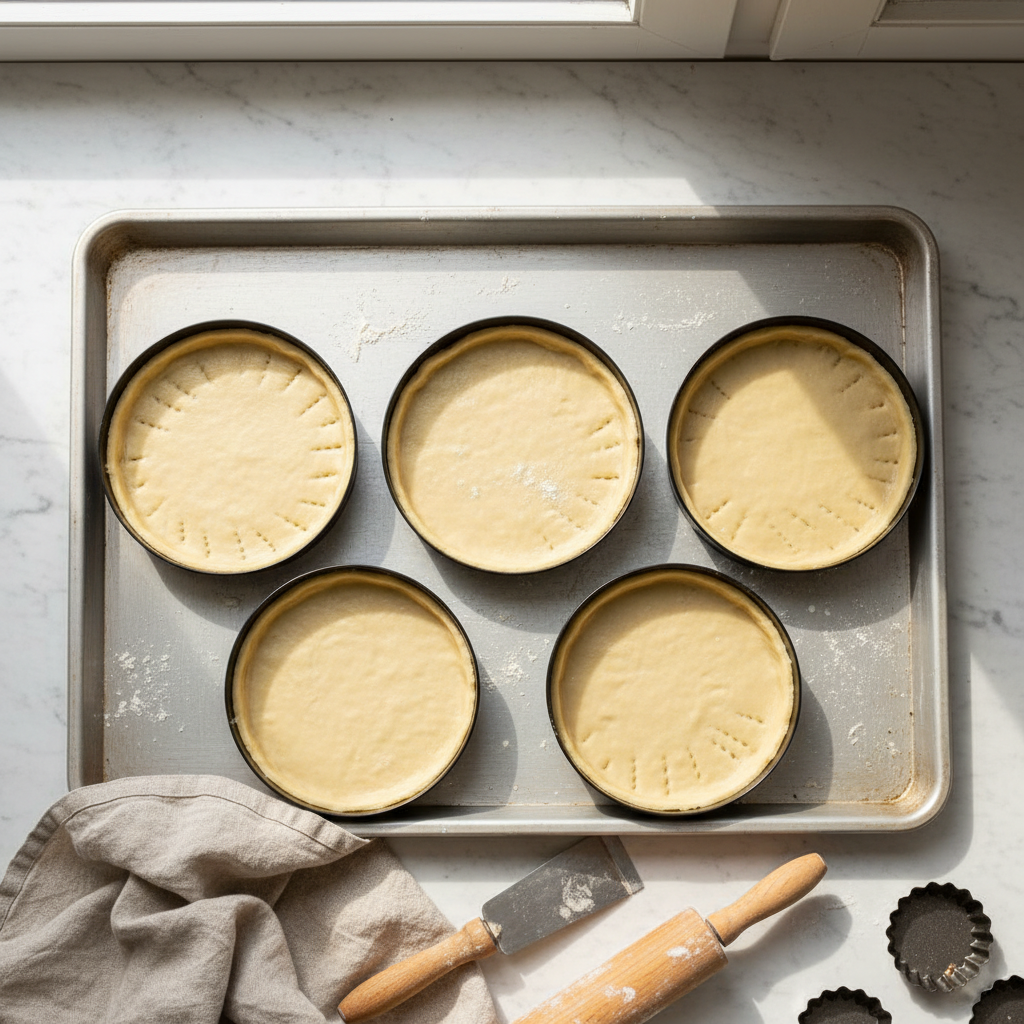 Cercle tarte perforé avec tarte sur plaque four