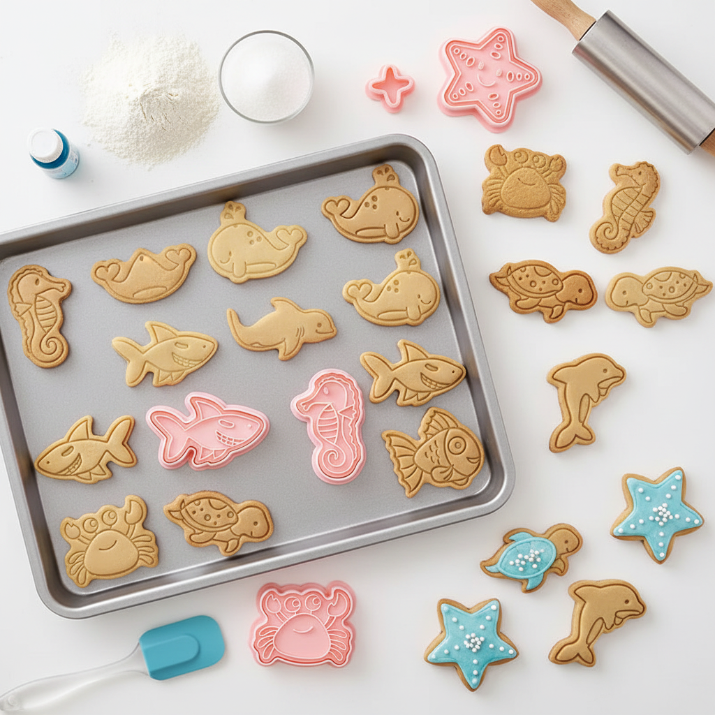 Emporte pieces pour biscuits avec biscuits sur plaque cuisson