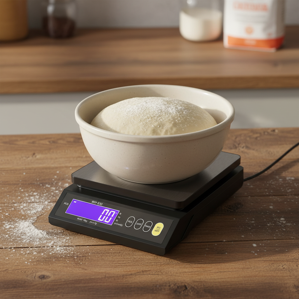 Balance de precision patisserie sur plan cuisine en bois