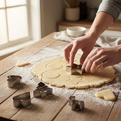 Mains enfonce Emporte piece sur pâte biscuit 