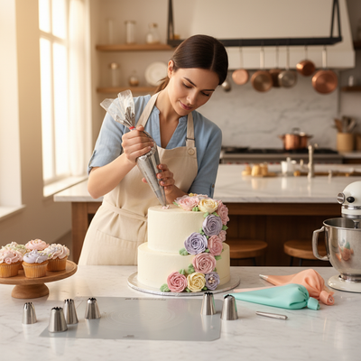 Femme décorant gâteau avec poche a douille et embout