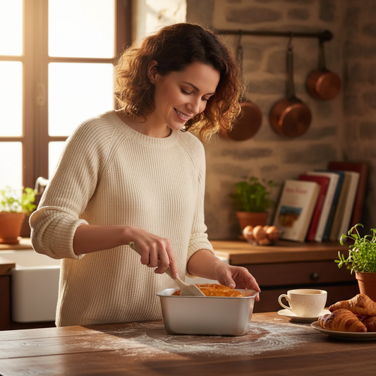 Femme découpant brioche dans Moule pour brioche