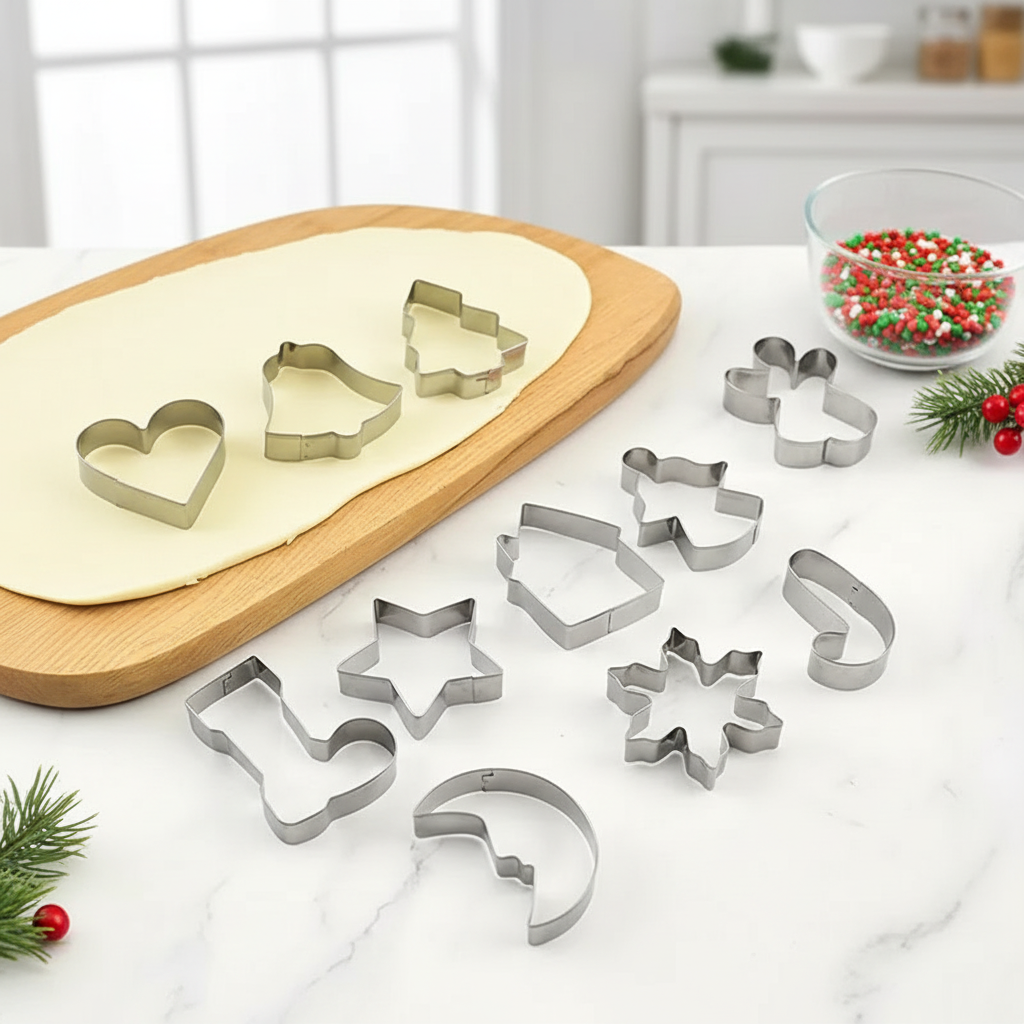 10 Emportes pieces noel INOXFETE™ sur table et planche bois
