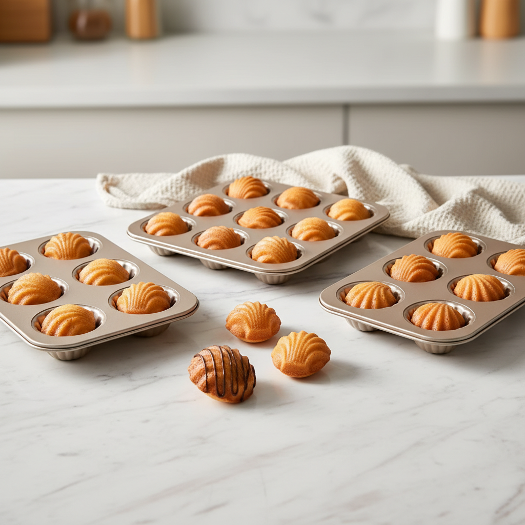trois Moule à Madeleine Inox sur plan travail cuisine