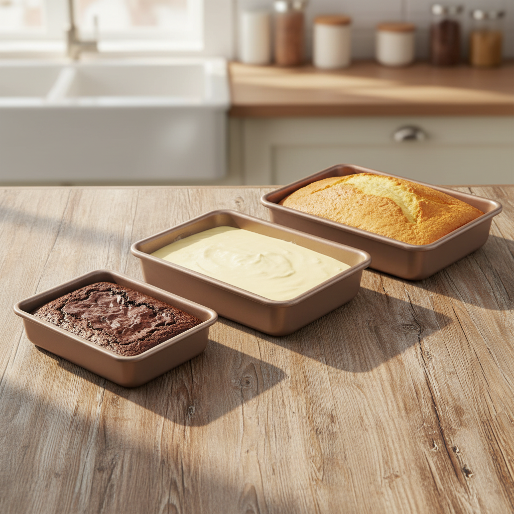 3 Moule a gateau rectangulaire Goldbake™ sur table cuisine