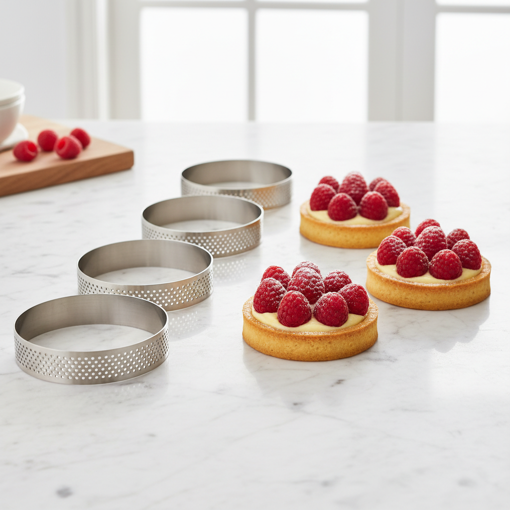 4 Cercle a tarte perforé et 4 tartelettes framboises finies