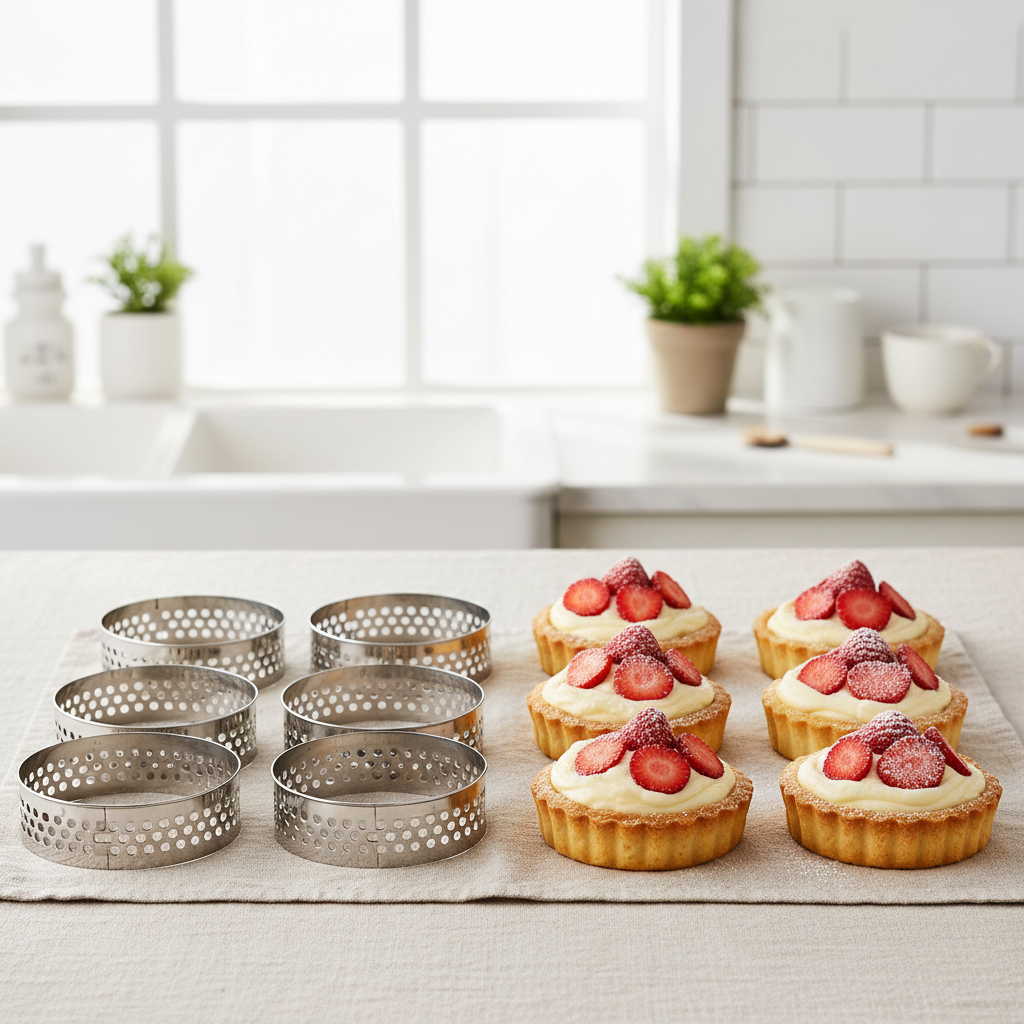6 Cercle a tarte perforé et 6 tartelettes fraises finies