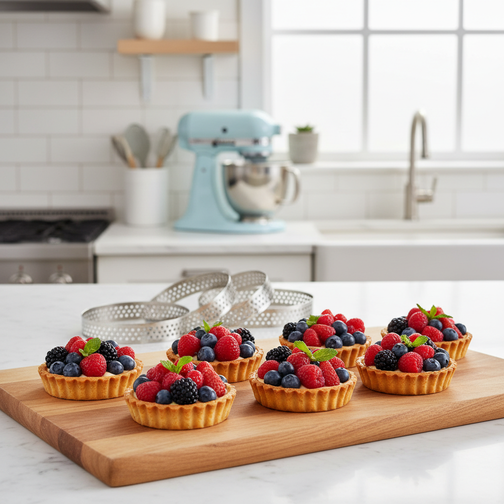 8 Cercle a tarte perforé et 8 tartelettes fruits rouges finies