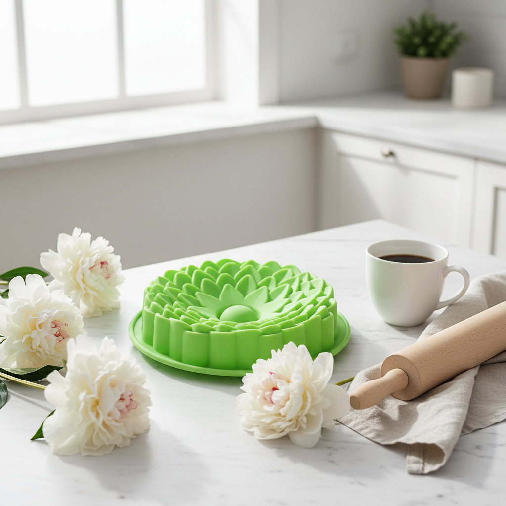 Moule silicone fleur vert sur table cuisine