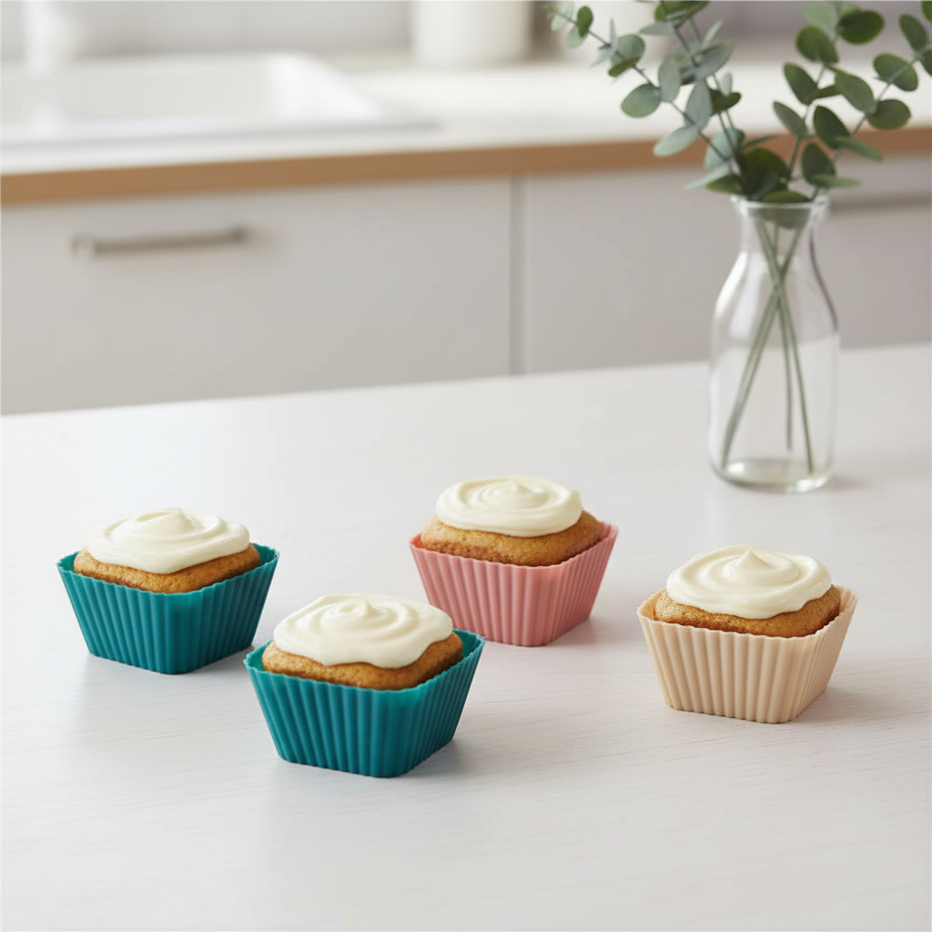 Moule silicone pour cupcake sur table travail cuisine 