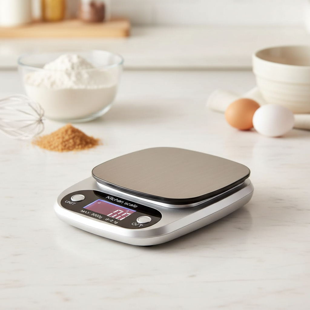 Balance patisserie sur table de travail cuisine avec ingrédient 