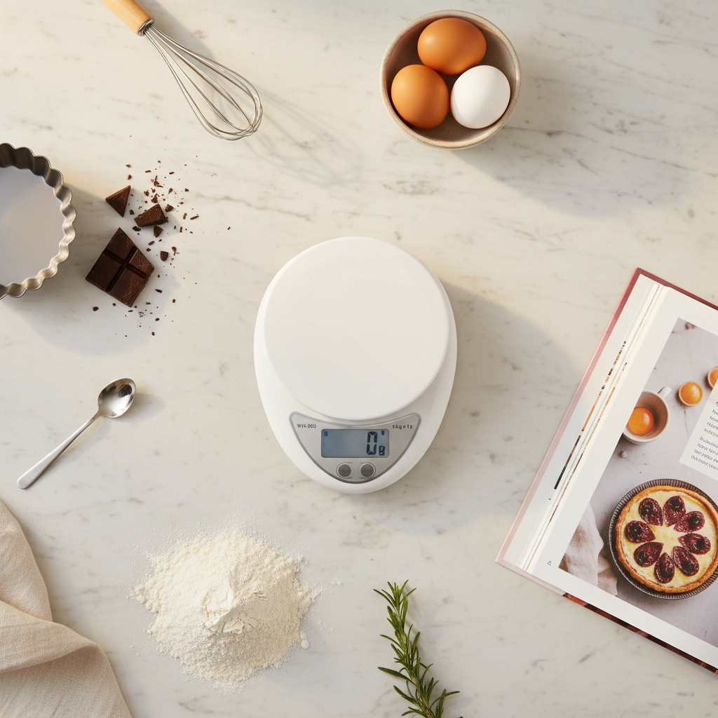 balance de cuisine avec ingrédient sur table cuisine marbre