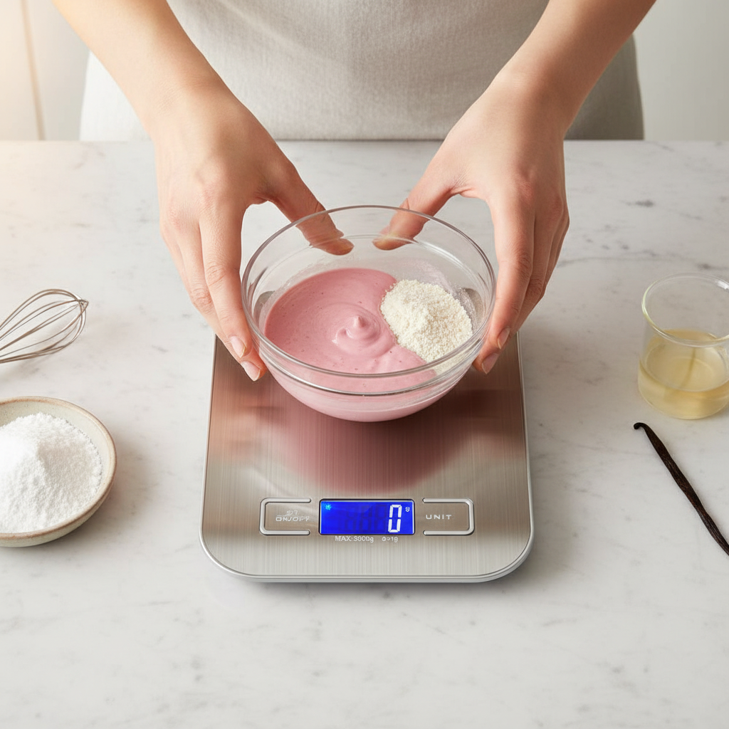 balance de precision patisserie pèse ingrédient sur table 