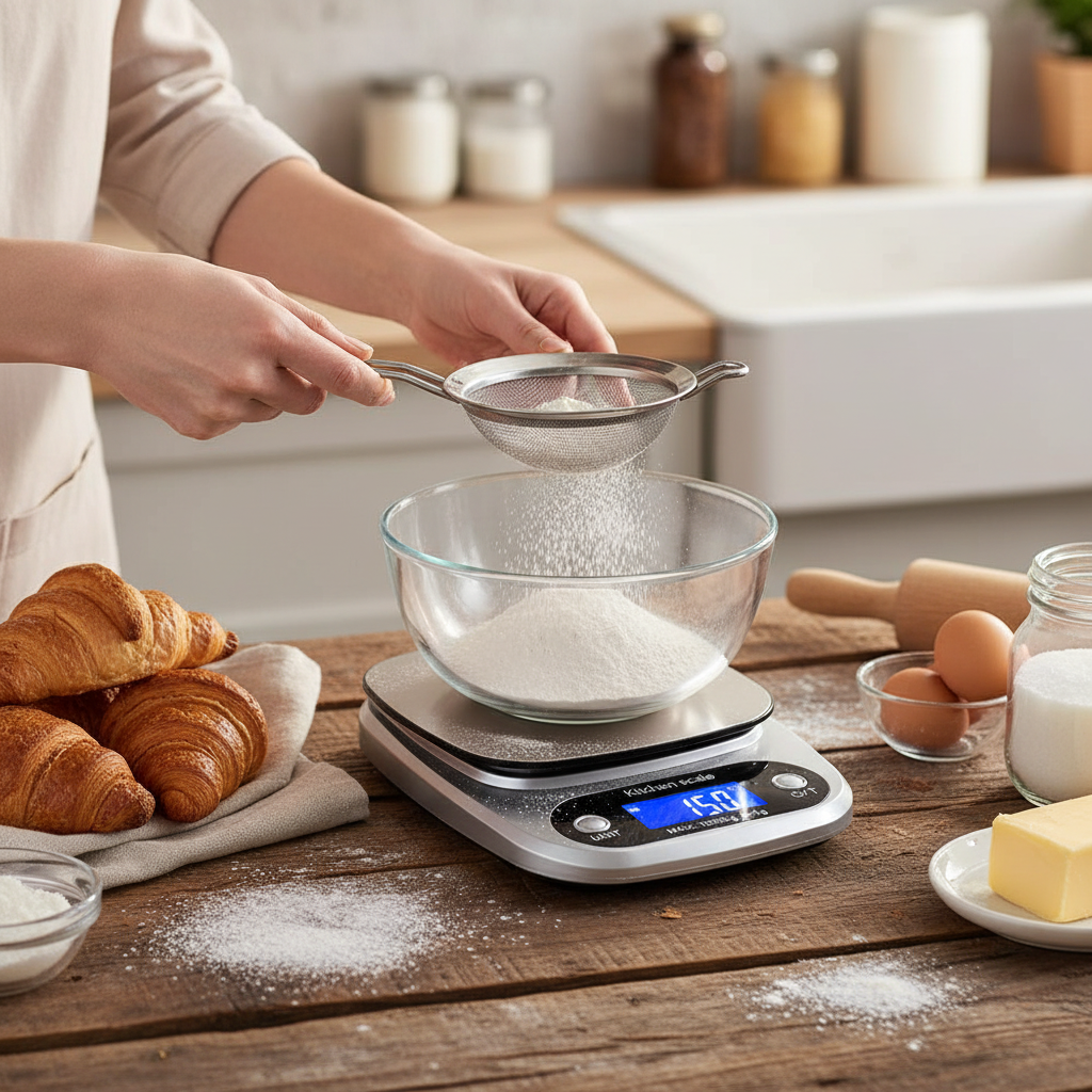 Pesée farine tamisé avec Balance patisserie dans cuisine