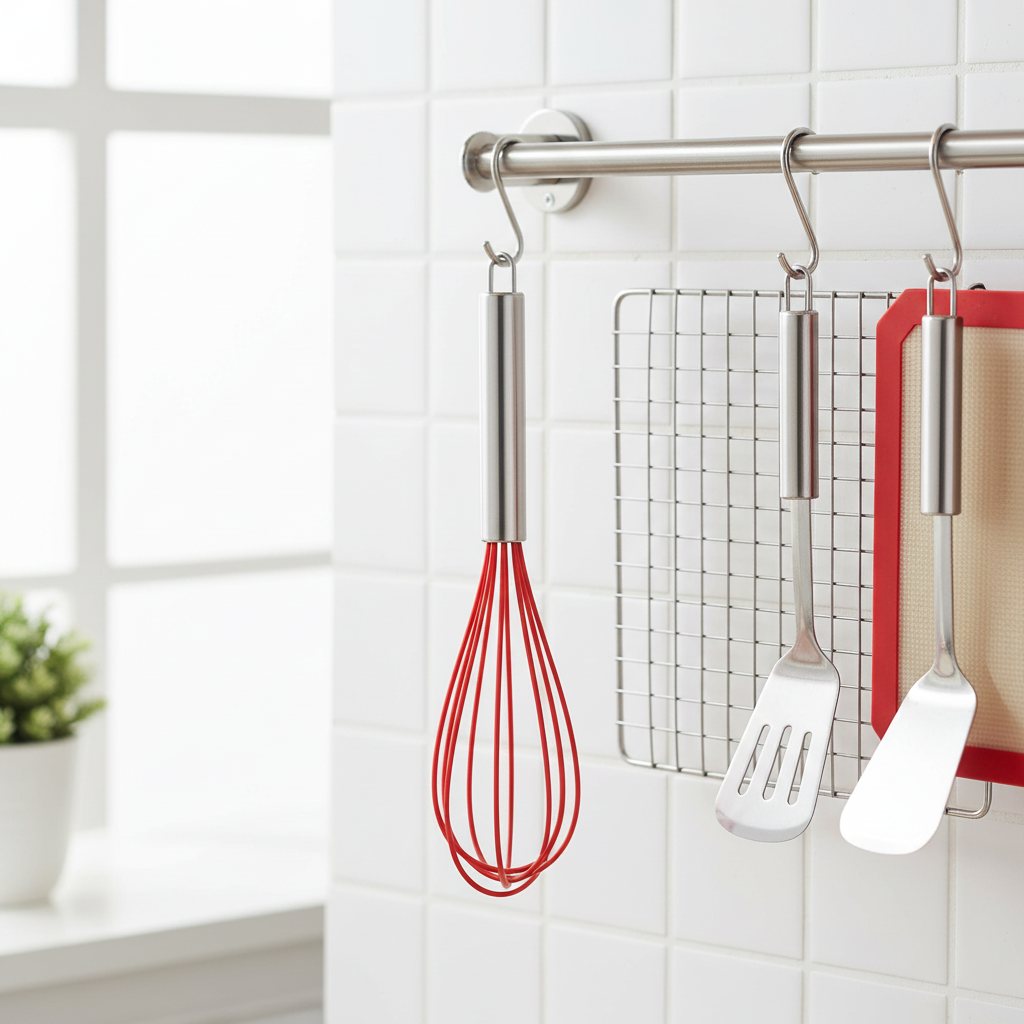 Rangement fouet silicone rouge contre mur cuisine 