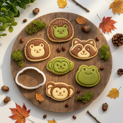 Emporte piece pour patisserie  avec biscuits animaux forêt planche bois 