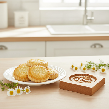 Emporte pièce fleur sur table cuisine et biscuit dans assiette 