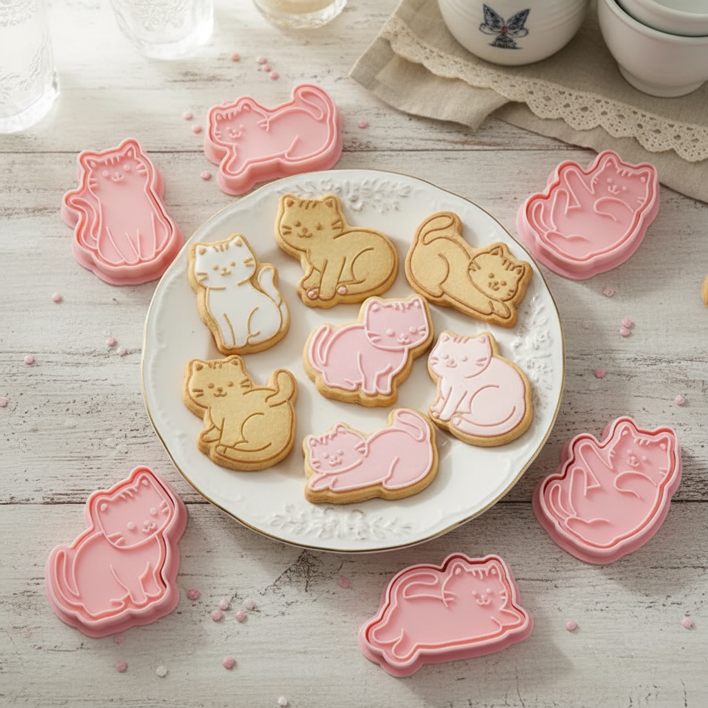 Emporte piece pour patisserie avec biscuits chats décorés dans assiette 