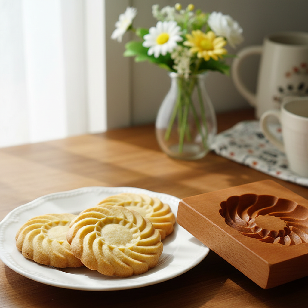 Emporte pièce fleur avec biscuit dans assiette sur table bois 