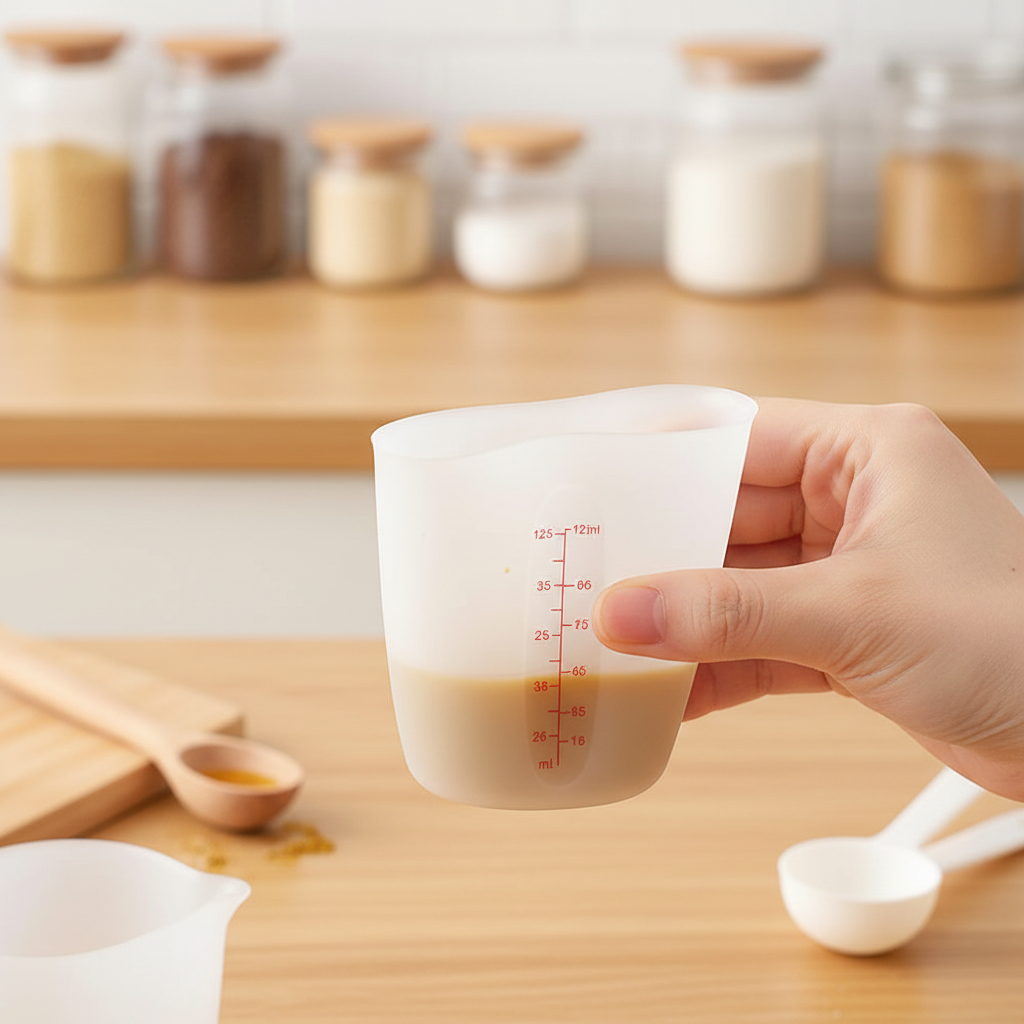 Mains tenant Verre mesureur couleur blanc dans cuisine 