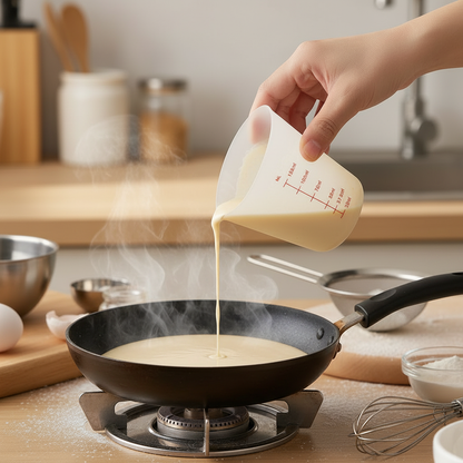 Mains versant préparation crêpe dans poêle avec Verre mesureur