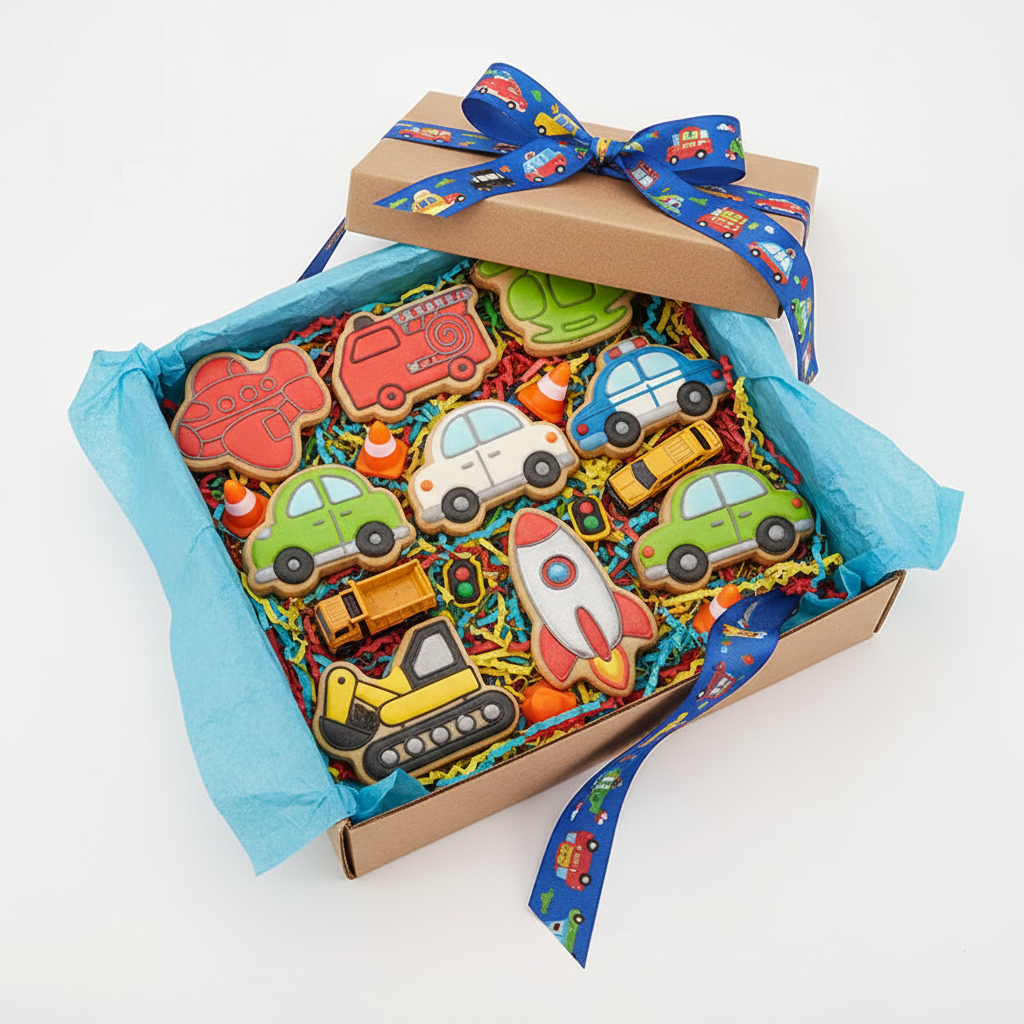 Boîte cadeau biscuits véhicules issue d'Emporte piece pour biscuits