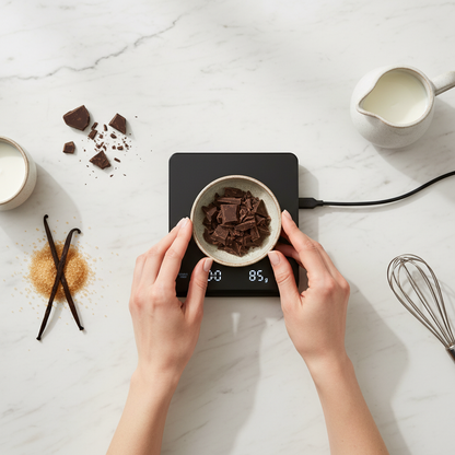 bol sur balance de patisserie avec chocolat