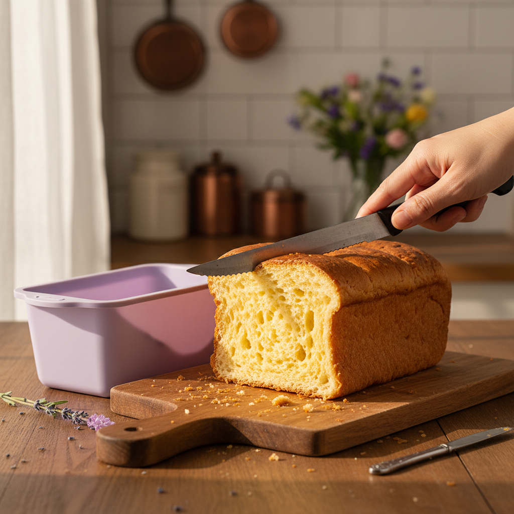 Brioche dorée tranchée avec Moule à brioche rectangulaire violet