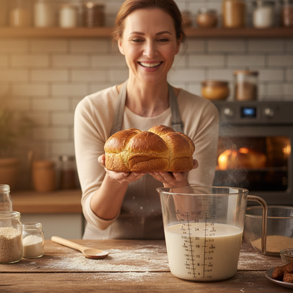 Verre doseur ml avec Femme tenant une brioche 
