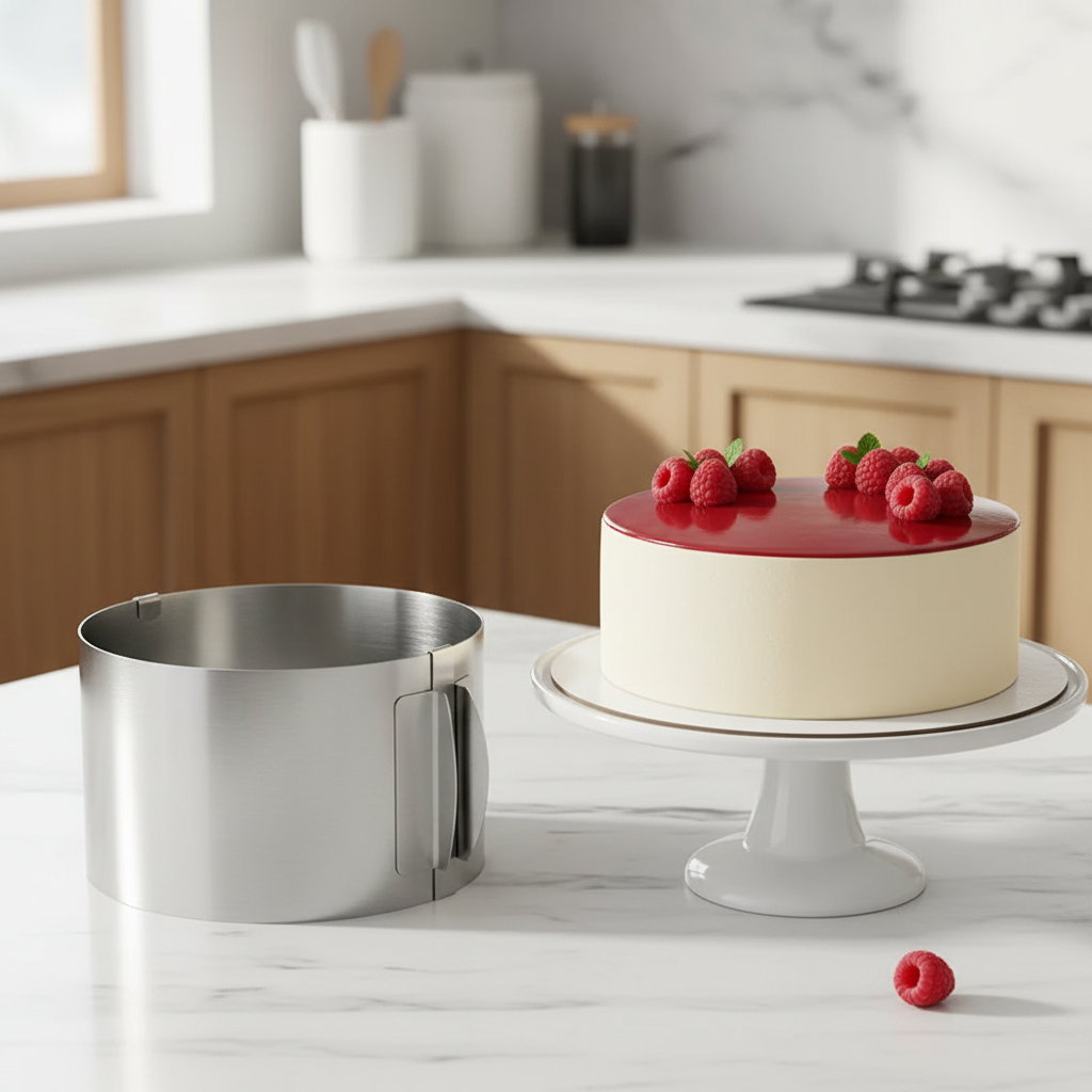 Cercle patisserie inox et entremet miroir dans cuisine aménagée